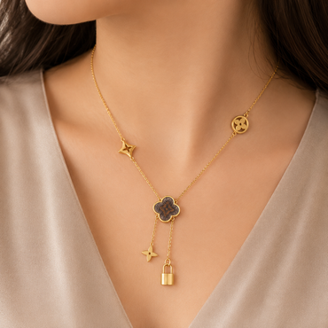 Gold Clover & Star Charm Necklace with Padlock Dangle