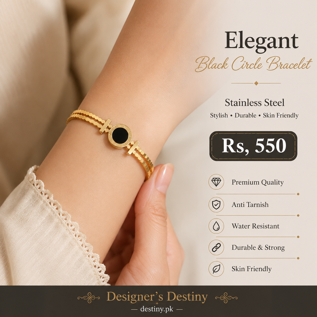 Gold Double-Strand Bracelet with Black Circle Medallion