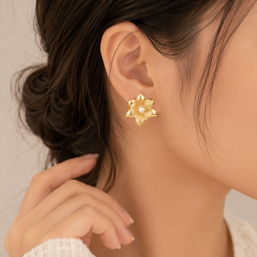 Golden Flower Pearl Stud Earrings – Textured Petals