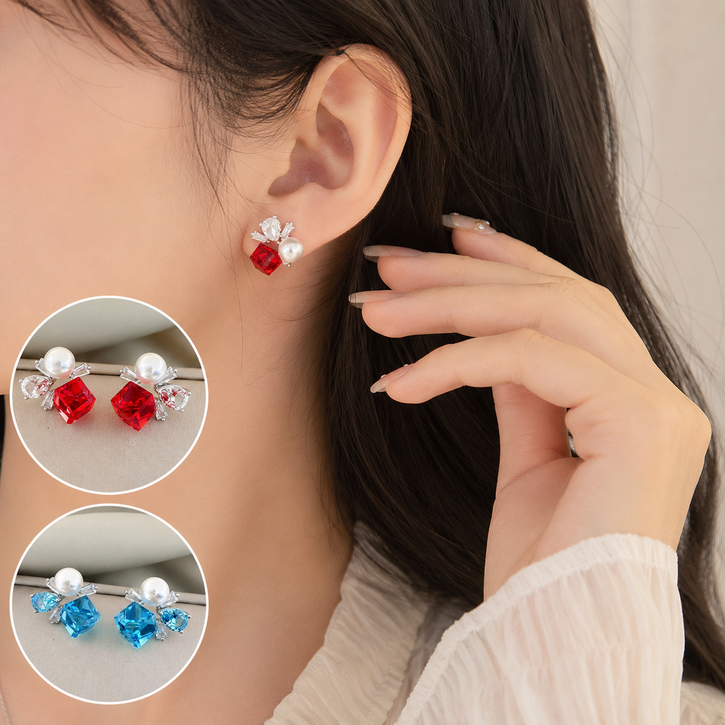 Crystal Cube Pearl Stud Earrings – Stainless Steel 316L