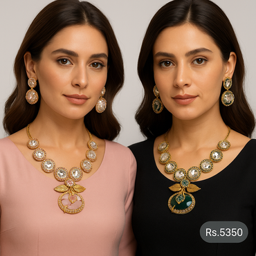 Gold plated crystal necklace set with earrings in pink and green variants – Destiny.pk