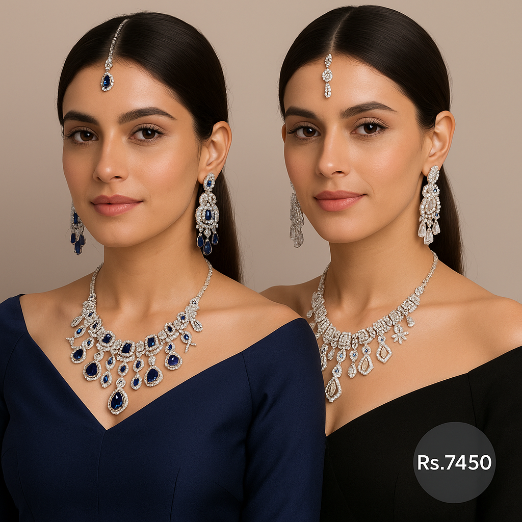 Bridal crystal choker necklace set with earrings and maang tikka in blue and white – Destiny.pk