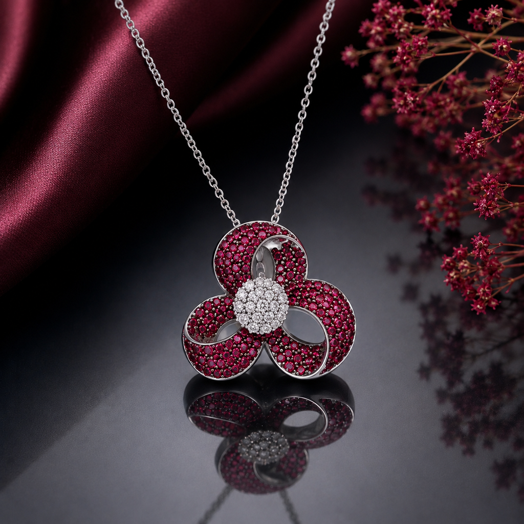 Ruby Crystal Floral Pendant Set