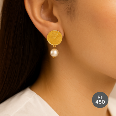 Traditional Gold Coin Earrings with Pearl Drop – Festive & Ethnic Jewelry