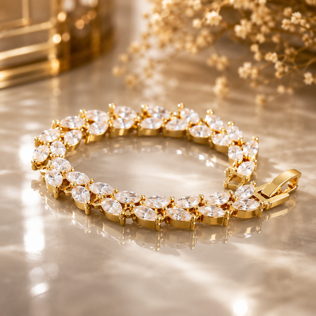 Marquise crystal leaf bracelet styled with embroidered formal wear
