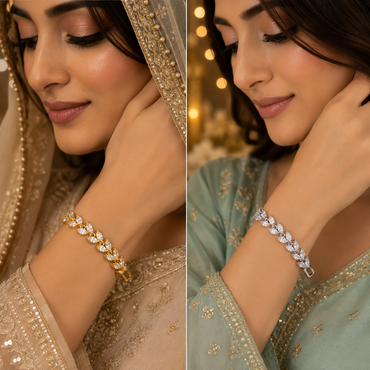 Model wearing gold-plated marquise crystal leaf bracelet with traditional gold embroidered outfit