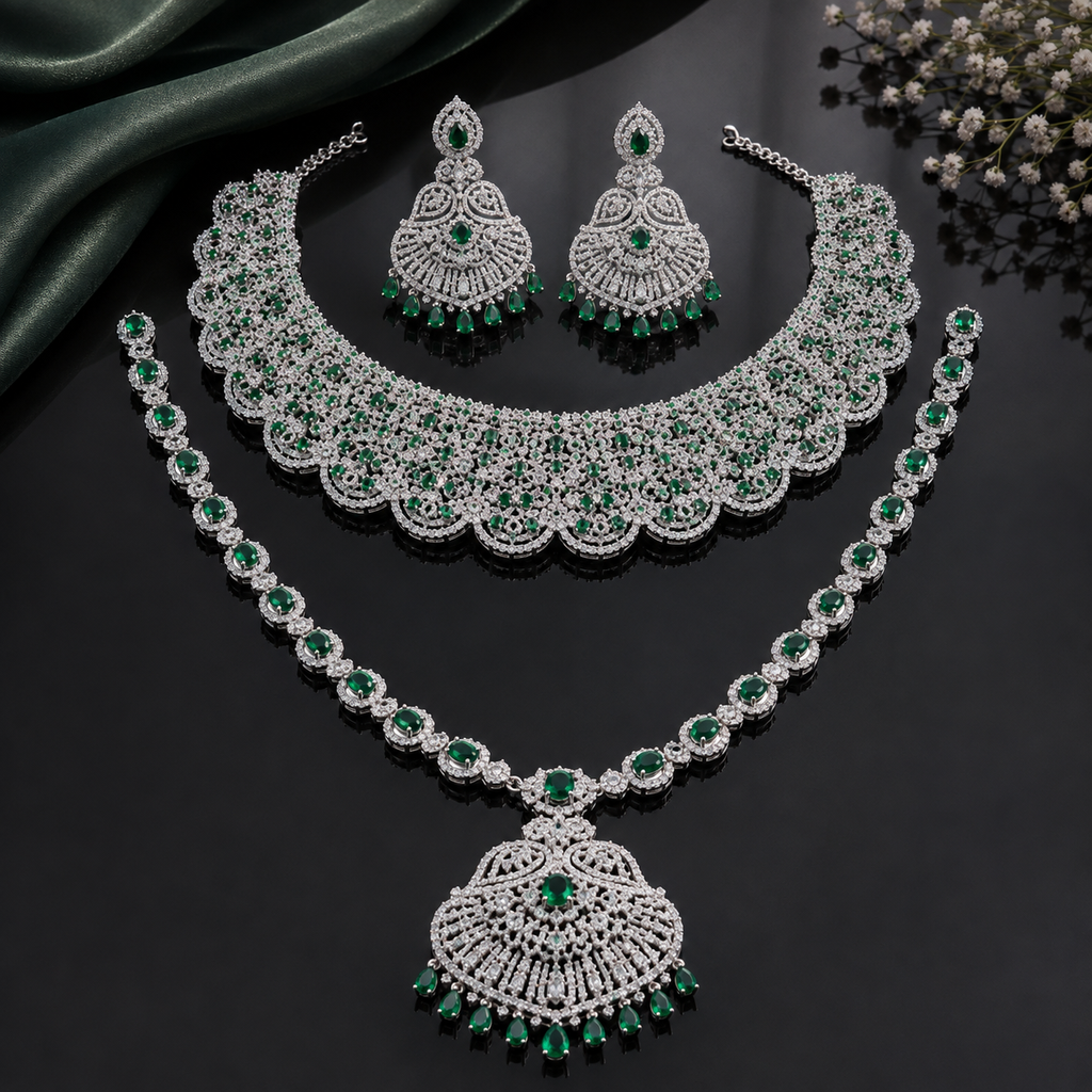 Emerald green American Diamond bridal necklace set with statement choker, long pendant necklace and matching earrings