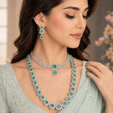 Mint green American Diamond necklace set with layered necklaces, pendant and matching earrings