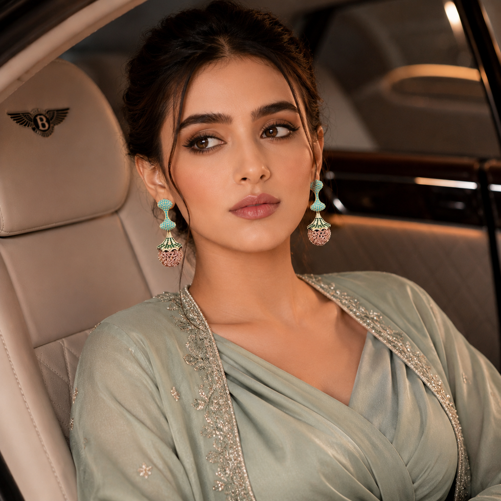 Royal gold-plated crystal drop earrings with intricate sparkling detailing