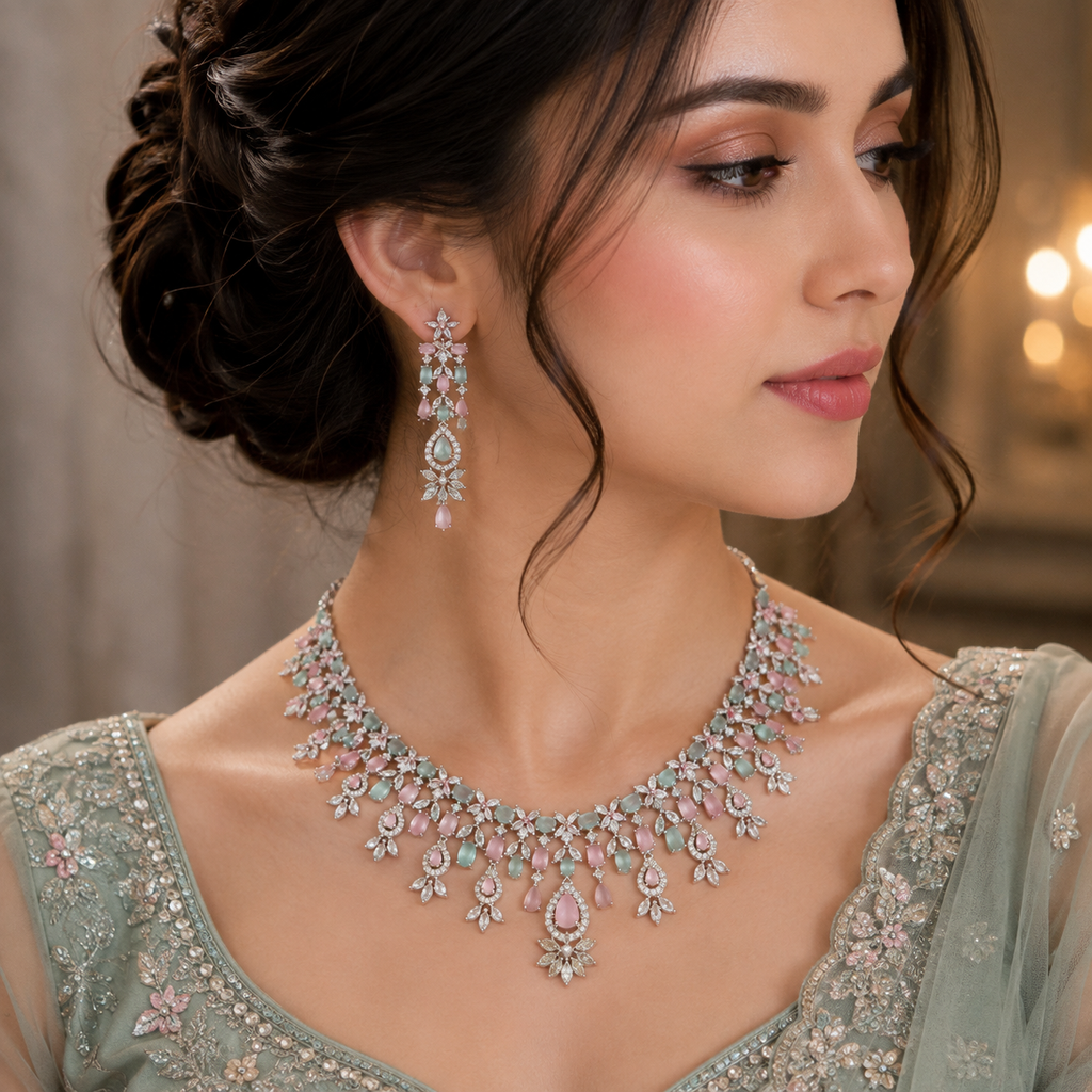 Pastel Pink & Green AD Necklace Set