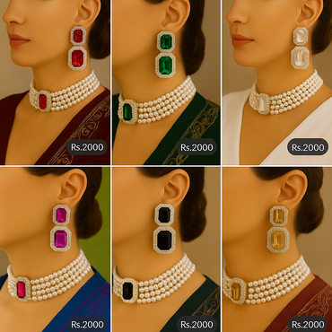Double Stone Statement Earrings with Pearl Choker – Rs. 2,000