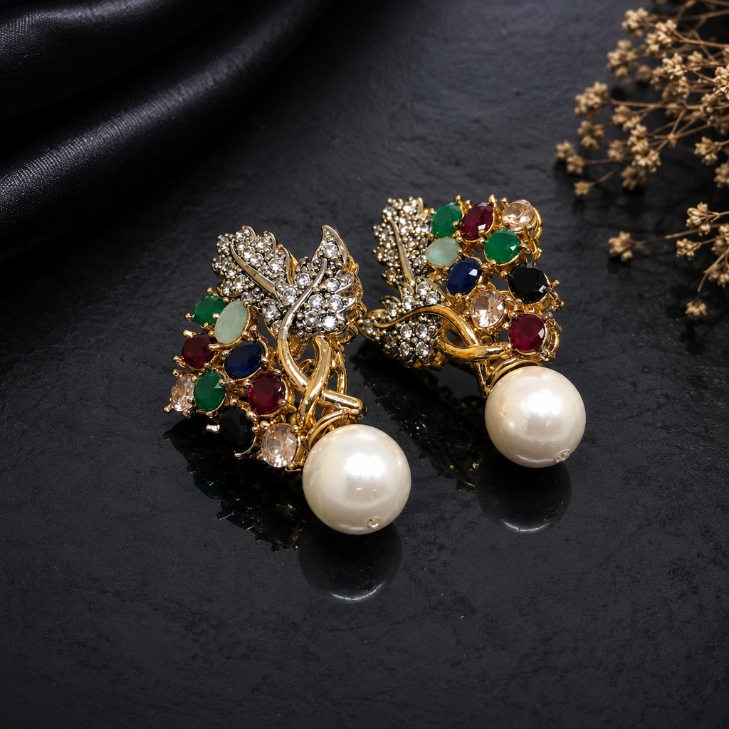 Golden Leaf Pearl Drop Earrings