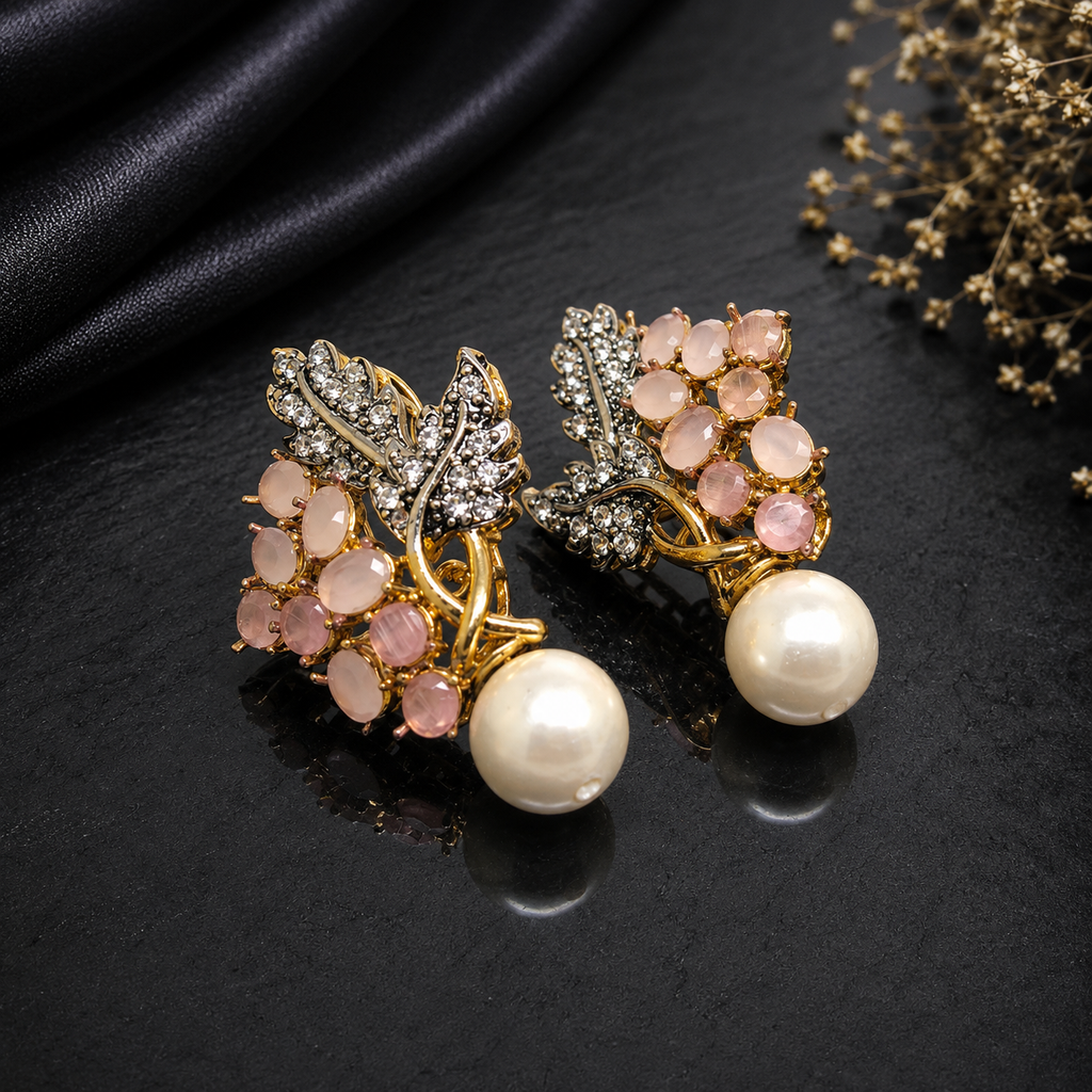Golden Leaf Pearl Drop Earrings