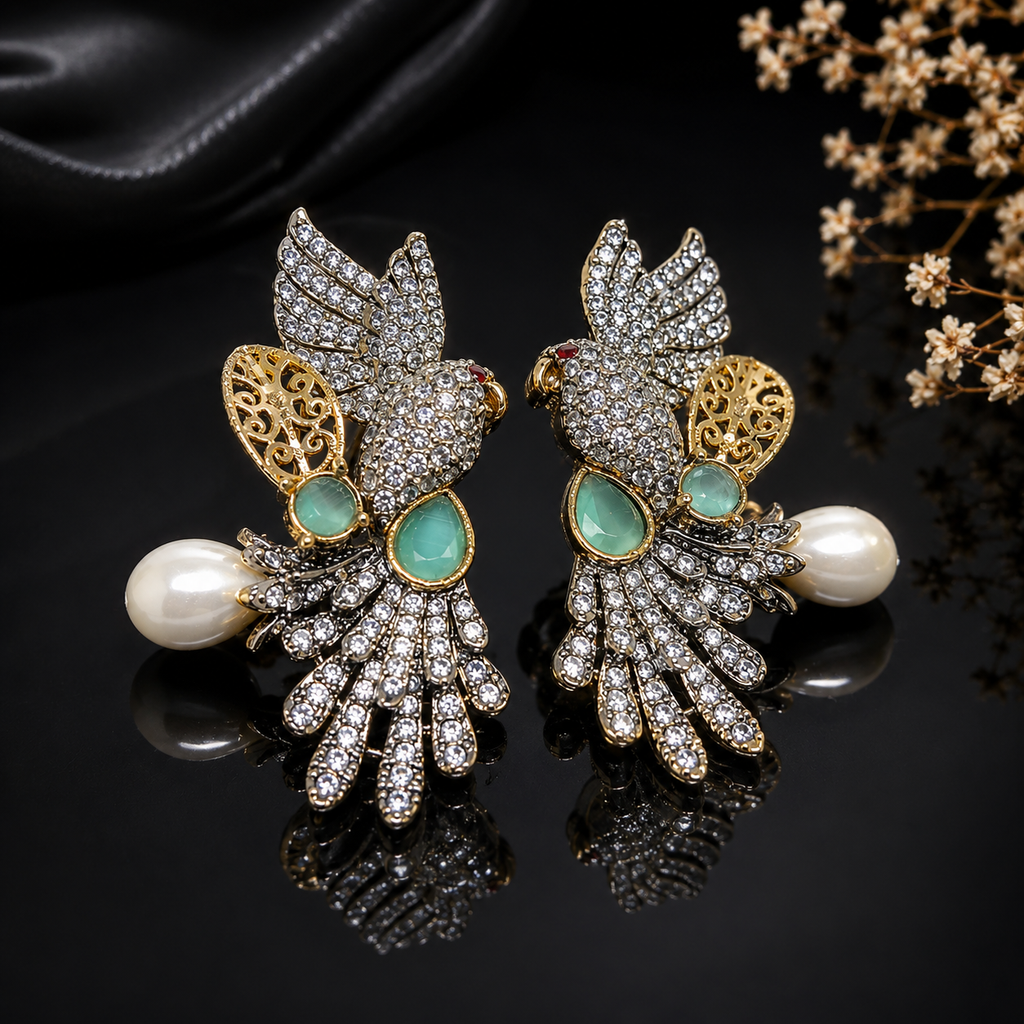 Exquisite Parrot Design Crystal Traditional Earrings with Pearl Drop