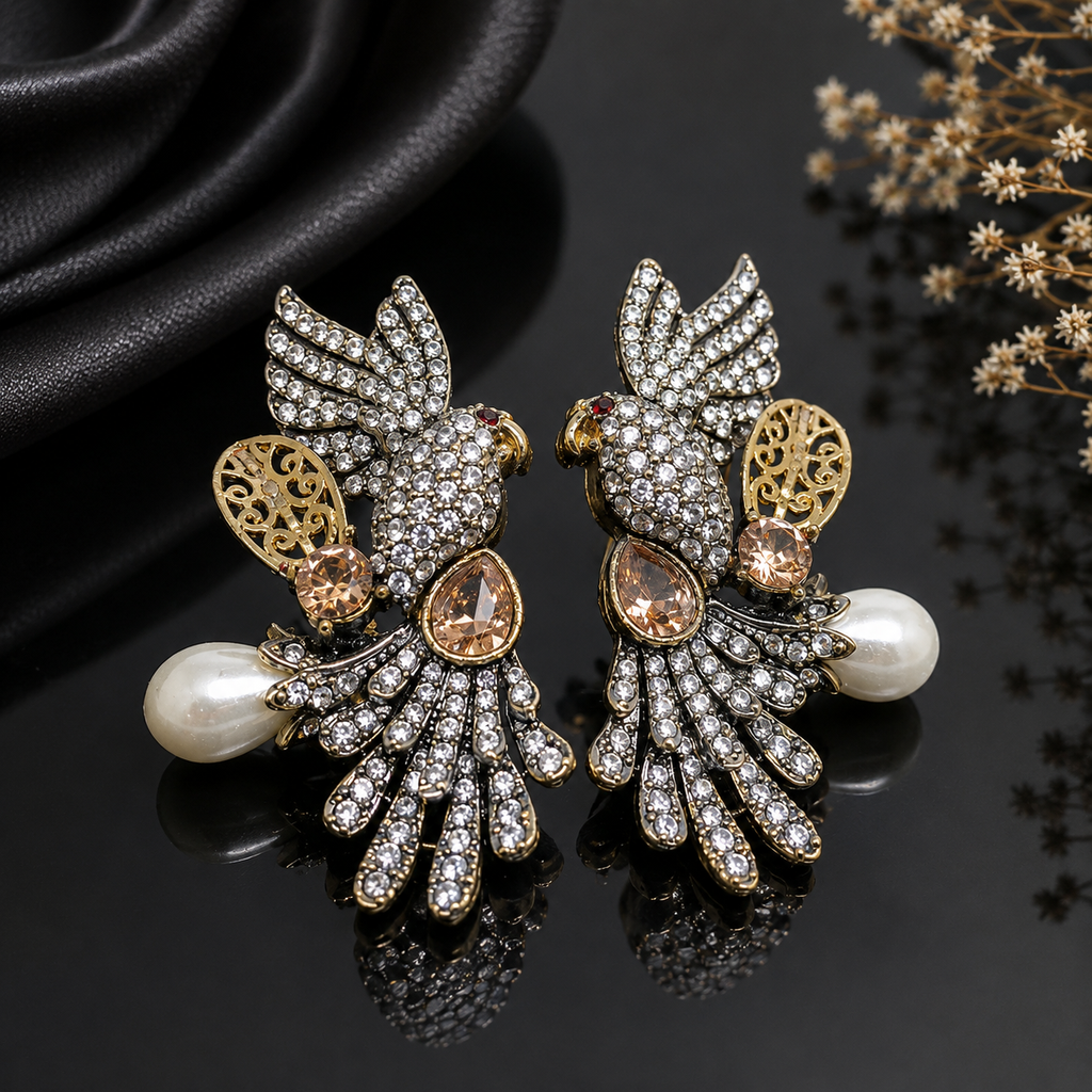 Exquisite Parrot Design Crystal Traditional Earrings with Pearl Drop