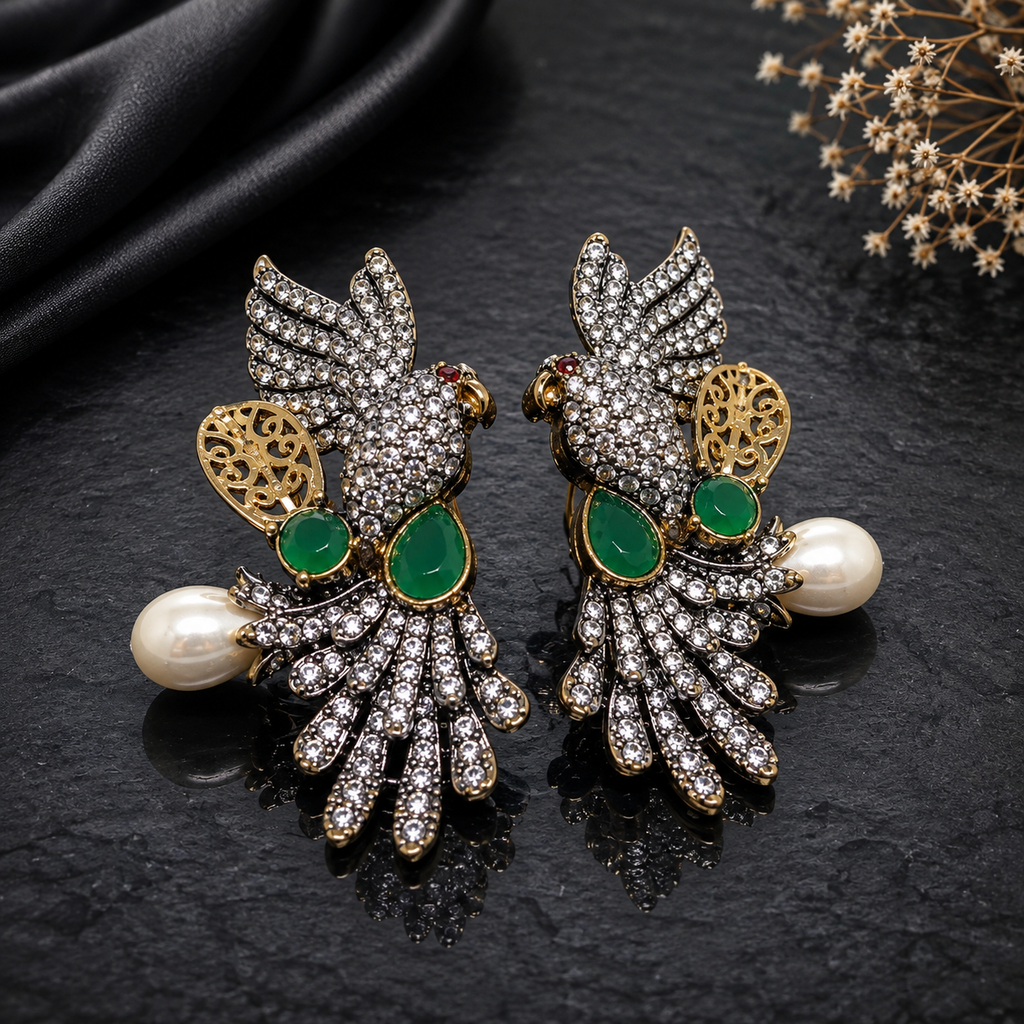 Exquisite Parrot Design Crystal Traditional Earrings with Pearl Drop