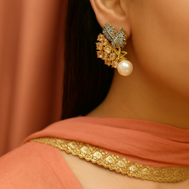 Gold-Tone Floral Pearl Drop Earrings – Elegant Party Wear, Rs.1850