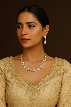 Elegant Gold-Tone Bracelet & Earring Set with Square White Stones – Rs. 1850