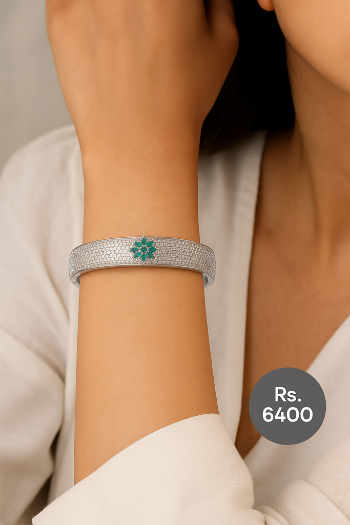 Luxury CZ Bangle & Ring Set - Gold Finish with Green Stone Accents