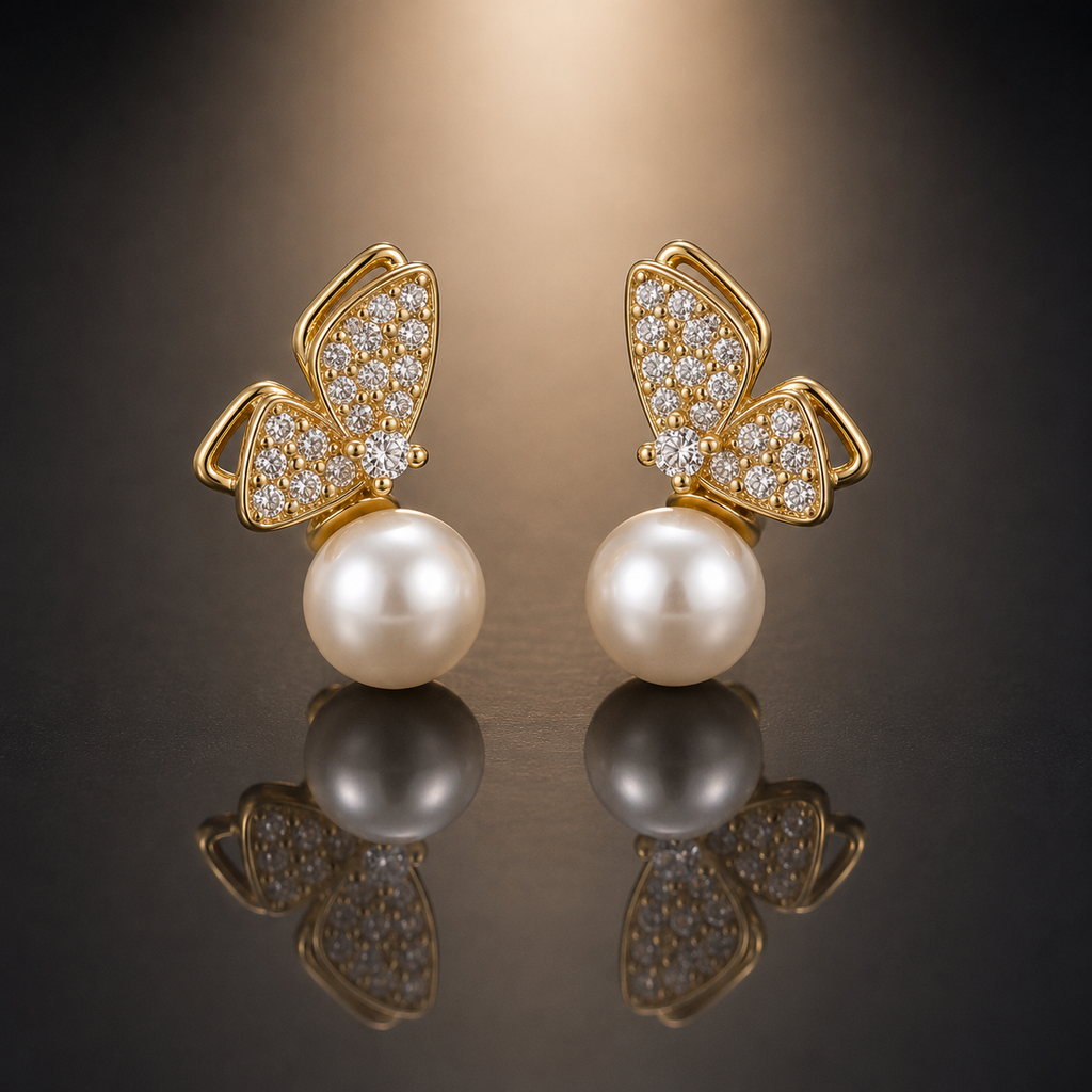 Butterfly Pearl Drop Stud Earrings - Gold tone