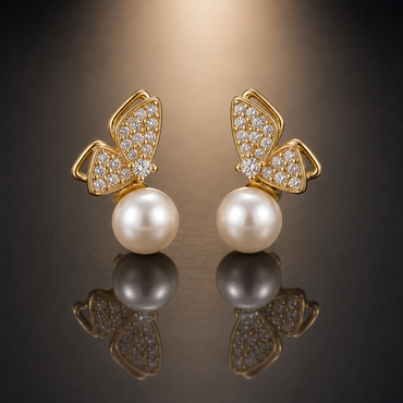 Butterfly Pearl Drop Stud Earrings - Gold tone