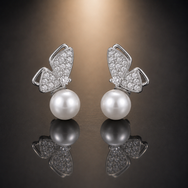 Butterfly Pearl Drop Stud Earrings - Silver tone