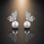Butterfly Pearl Drop Stud Earrings - Silver tone