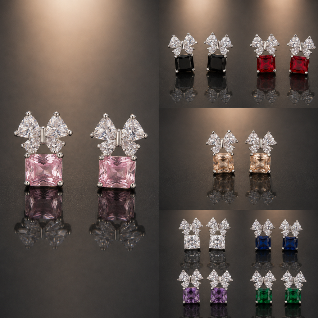 Bow Square Stud Earrings - Silver Tone, all colors