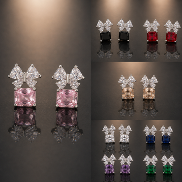 Bow Square Stud Earrings - Silver Tone, all colors