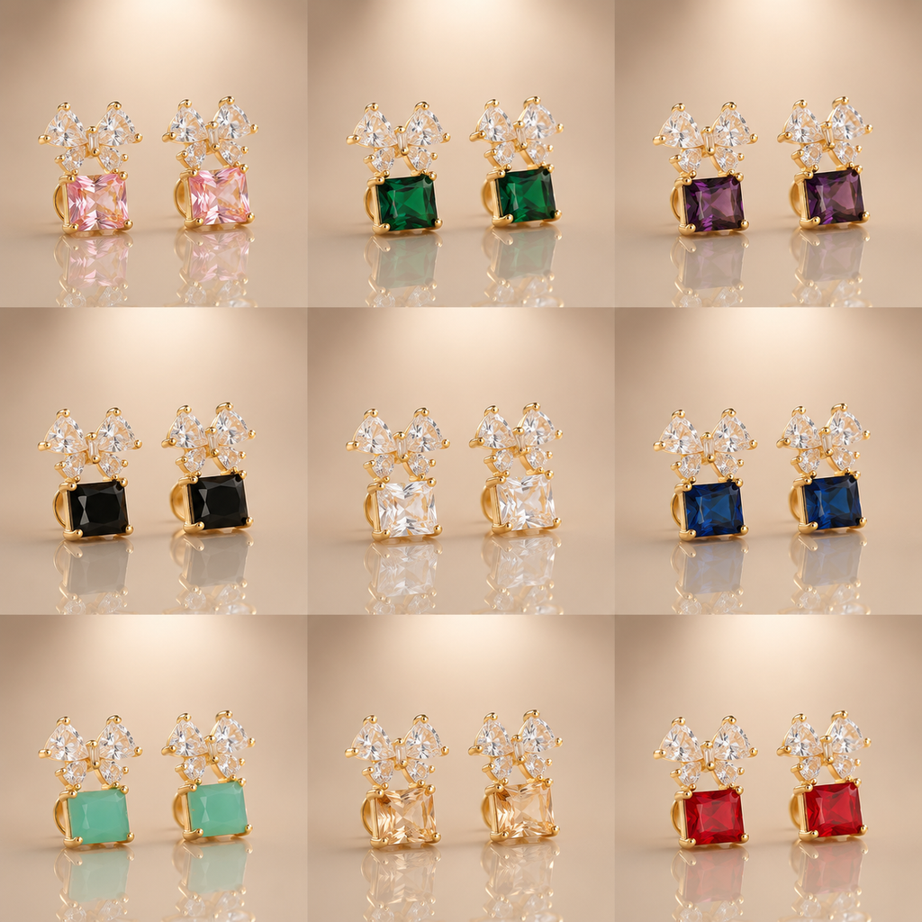 Bow Rectangle Stud Earrings - Gold Tone, all colors