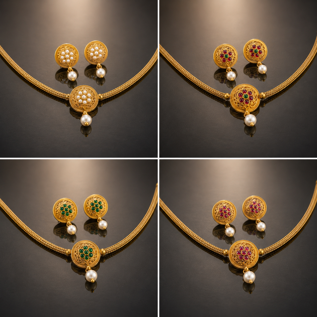 Floral Medallion Pearl Drop Necklace Set - all color variants