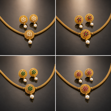 Floral Medallion Pearl Drop Necklace Set - all color variants