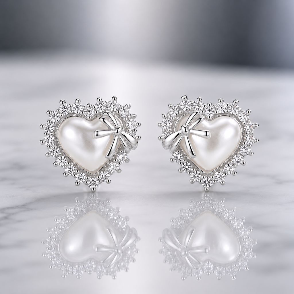 Heart Pearl Bow Halo Stud Earrings - Silver and Gold tone