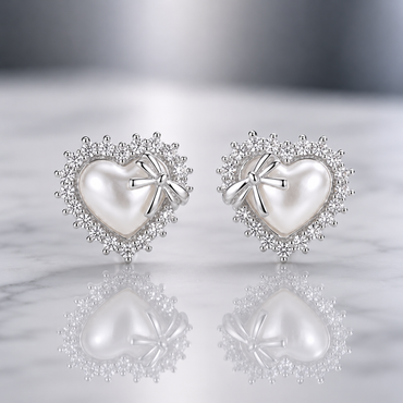 Heart Pearl Bow Halo Stud Earrings - Silver and Gold tone
