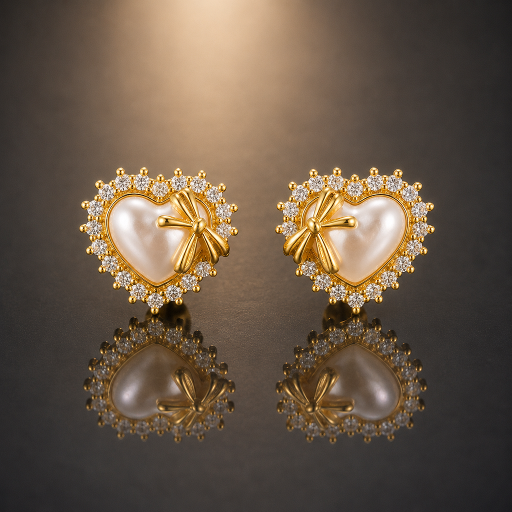 Heart Pearl Bow Halo Stud Earrings - additional view