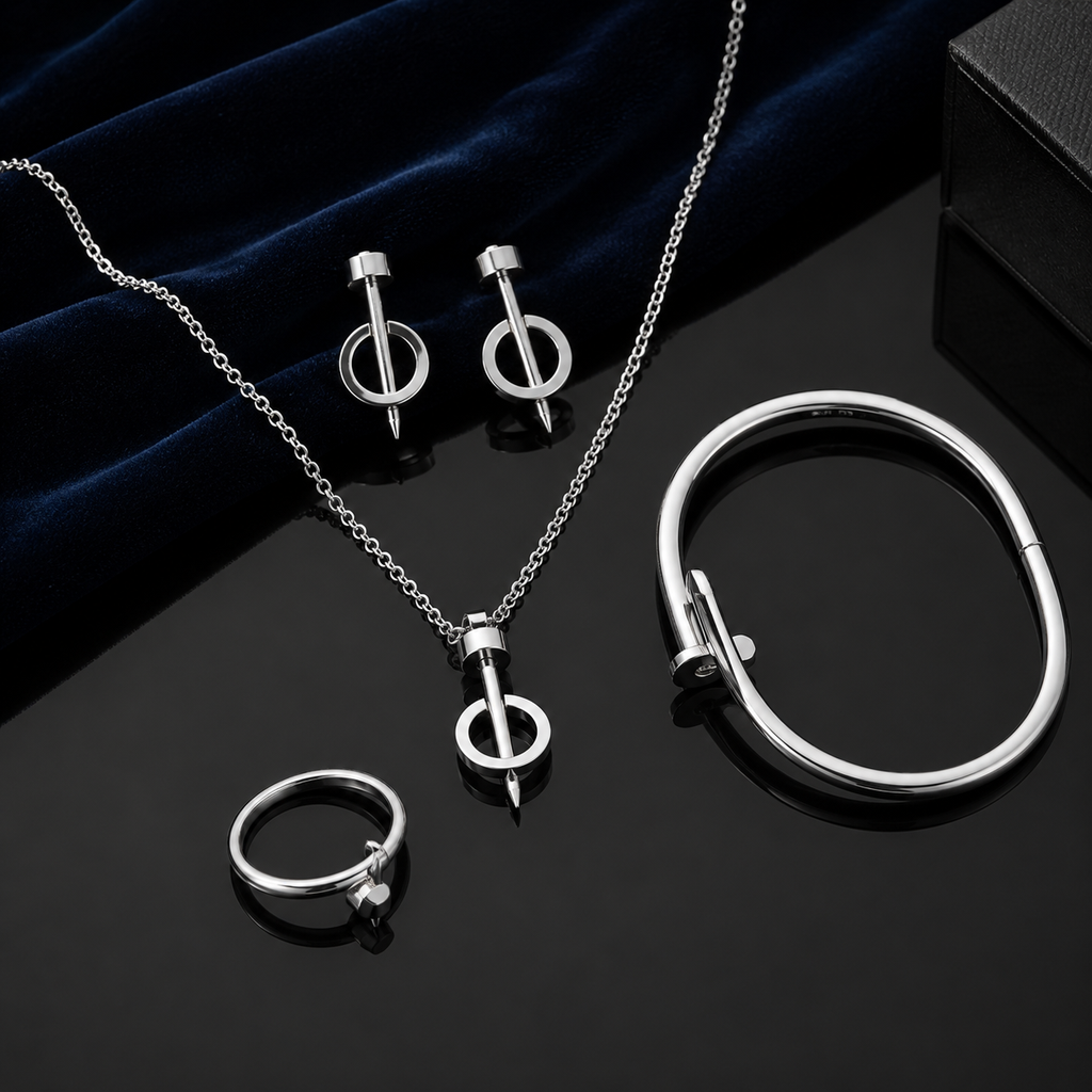Nail Motif 4-Piece Jewelry Set – Silver Tone