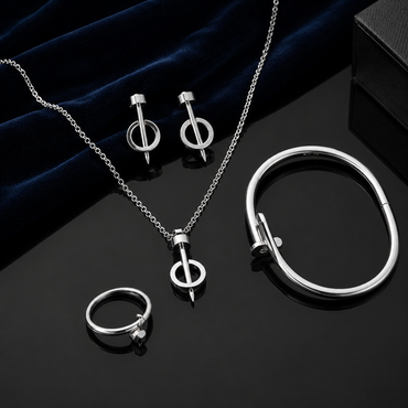 Nail Motif 4-Piece Jewelry Set – Silver Tone