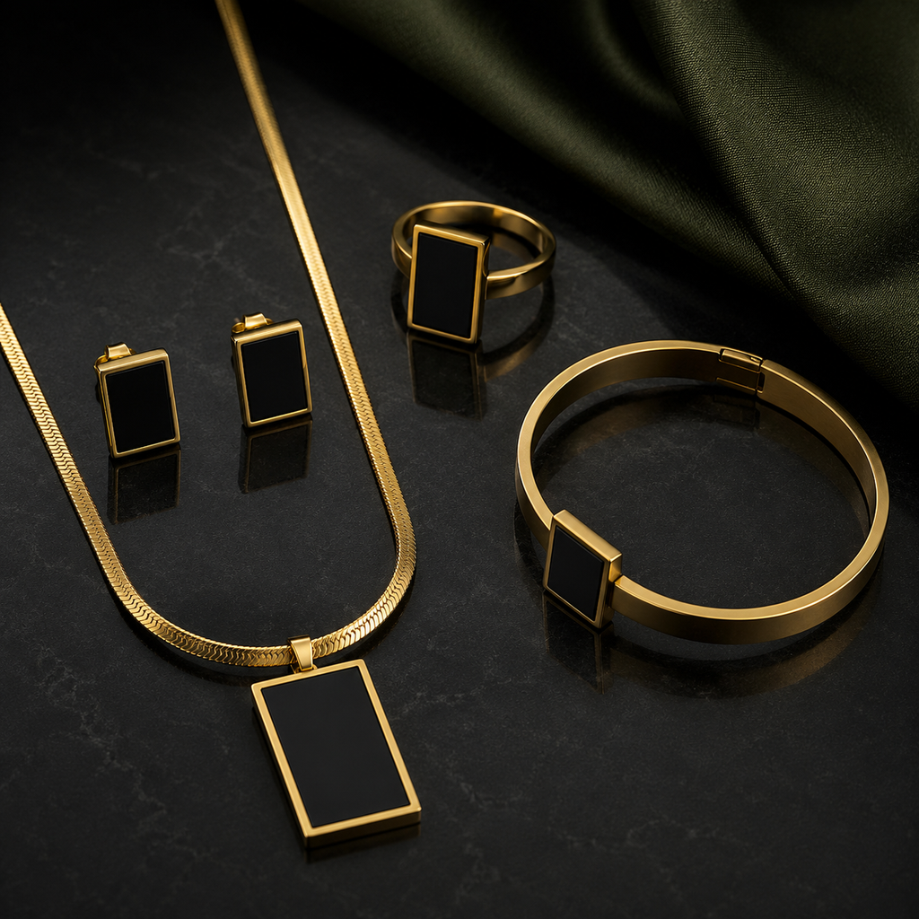 Black Onyx Herringbone 4-Piece Jewelry Set