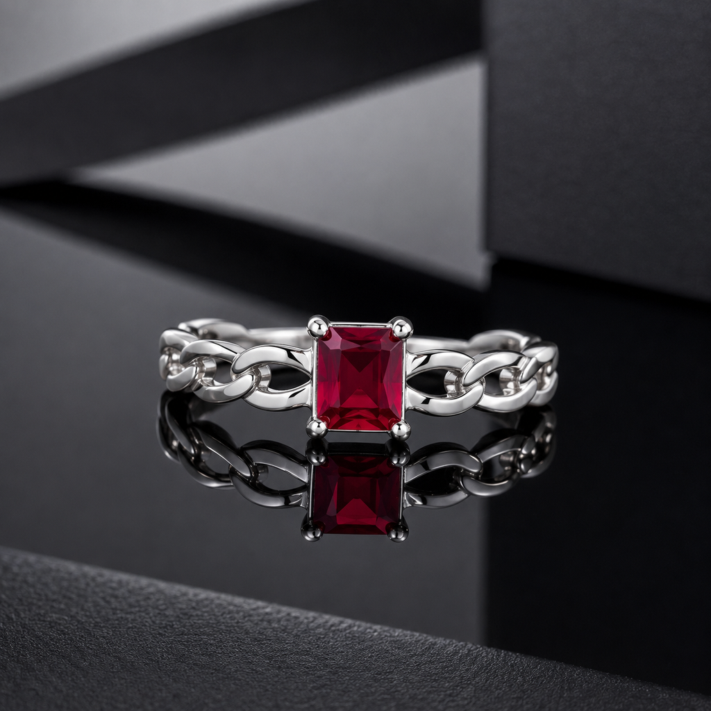 Ruby Chain Link Solitaire Ring – Silver Tone