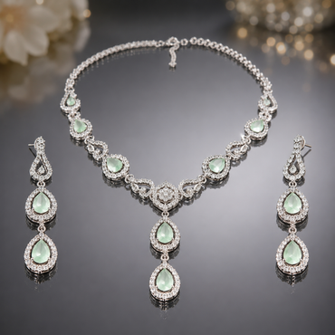 Mint Green Zircon Bridal Necklace Set with Teeka - Designer's Destiny
