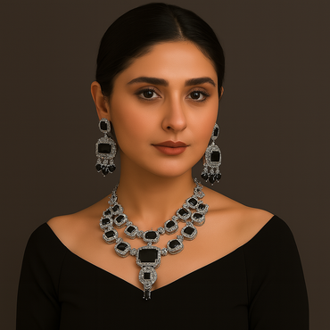 Black Stone Bridal Necklace Set with Earrings & Tikka – Rs. 10950