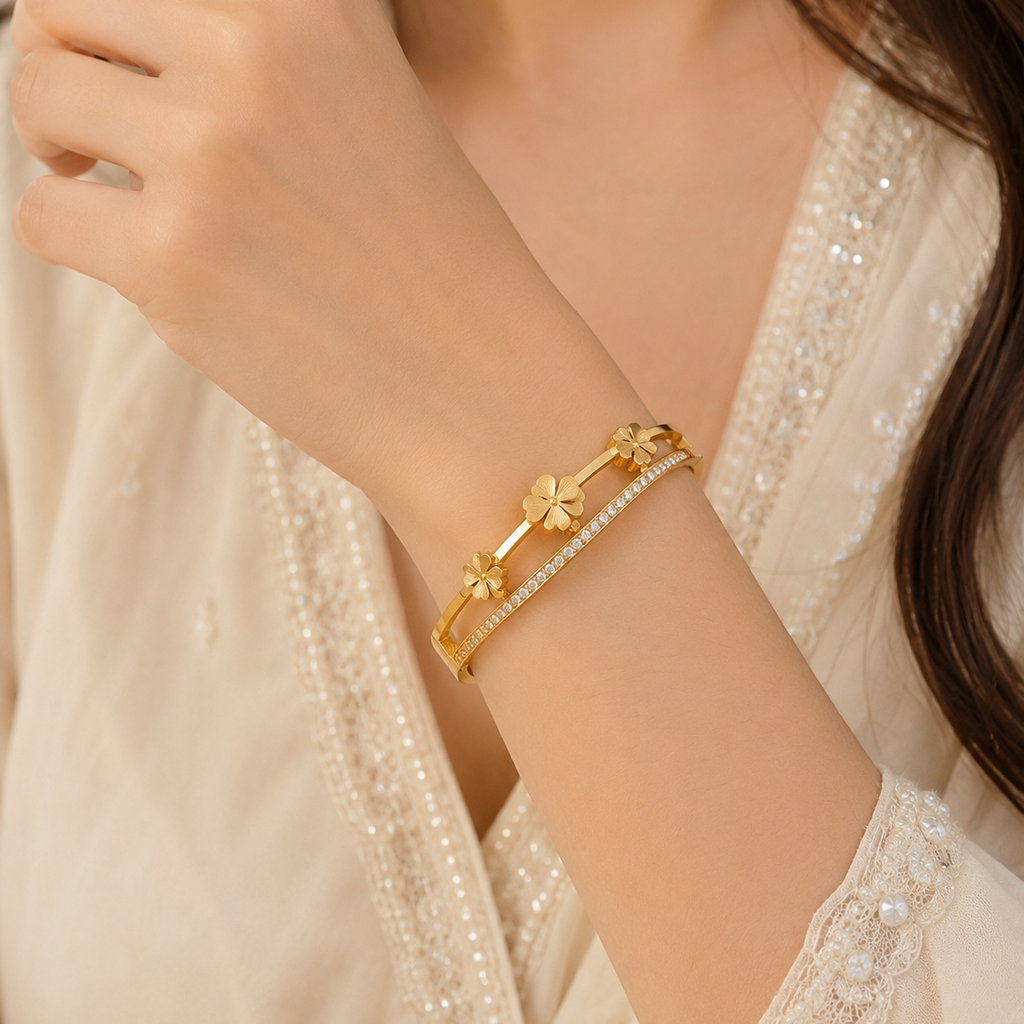 Gold Marquise Link Bangle Bracelet with Greek Key Pattern & CZ Pave