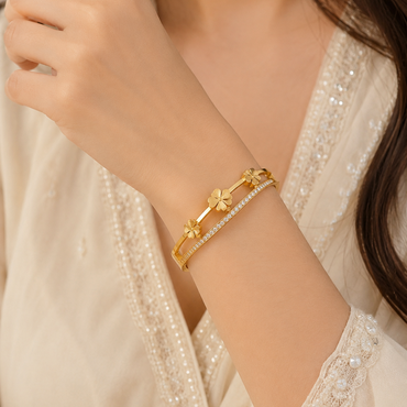 Gold Marquise Link Bangle Bracelet with Greek Key Pattern & CZ Pave