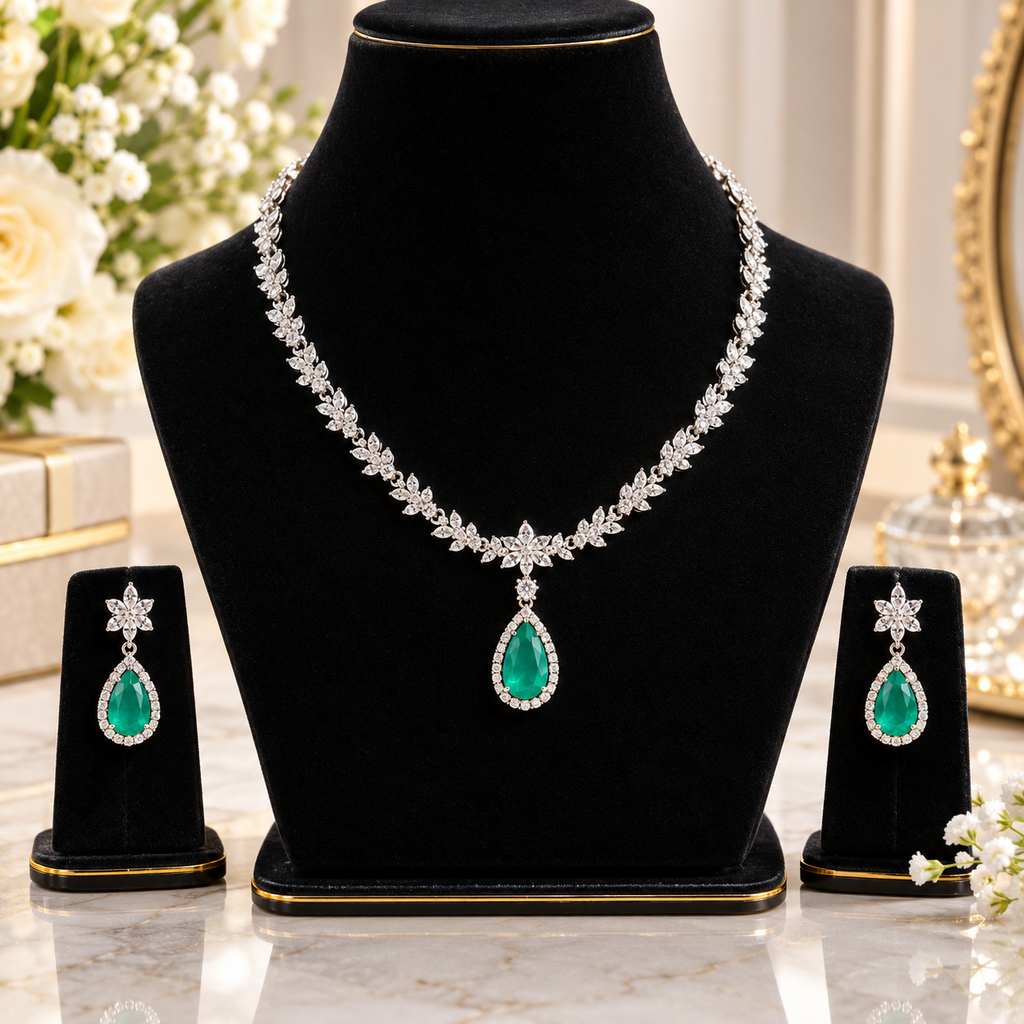 Silver-tone emerald green pear CZ halo marquise leaf necklace and drop earrings set