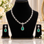 Silver-tone emerald green pear CZ halo marquise leaf necklace and drop earrings set