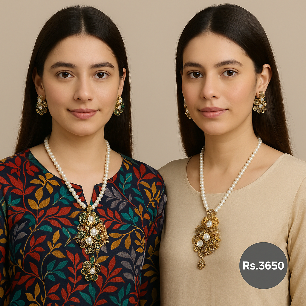 Floral Pearl Pendant Necklace Set – Rs. 3,650