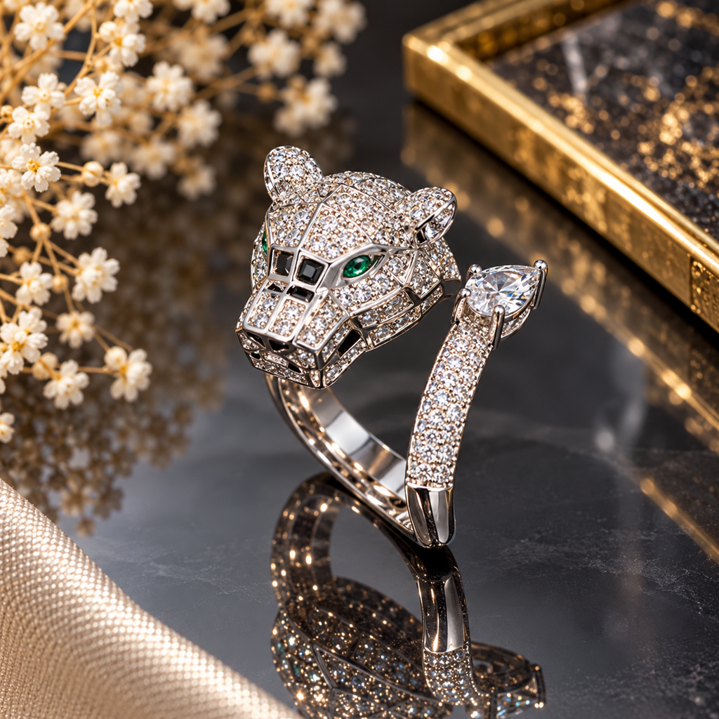 Silver-tone panther-head ring with clear accents, green eyes, black facial details and an open band ending in a clear teardrop-shaped accent.