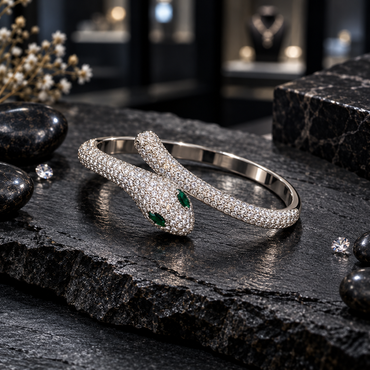 Silver-tone cuff-style snake bracelet with two green eye details, clear accent-covered overlapping front sections, a rounded opposite end and a smooth back band on dark slate.