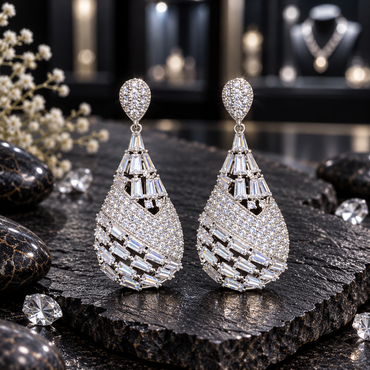 Pair of silver-tone teardrop earrings with clear-accent teardrop tops, tapered rectangular details and a diagonal curved band of small round accents.