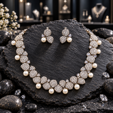 Silver-tone AD-style necklace with rounded clear-accent petal motifs and cream pearl-look drops, alongside matching double-petal earrings.
